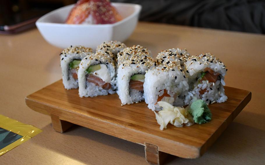 The salmon Philadelphia maki roll at Sakura Japanese and Chinese Restaurant in Lakenheath, England. The restaurant is nearby RAF Lakenheath, home to many U.S. airmen.