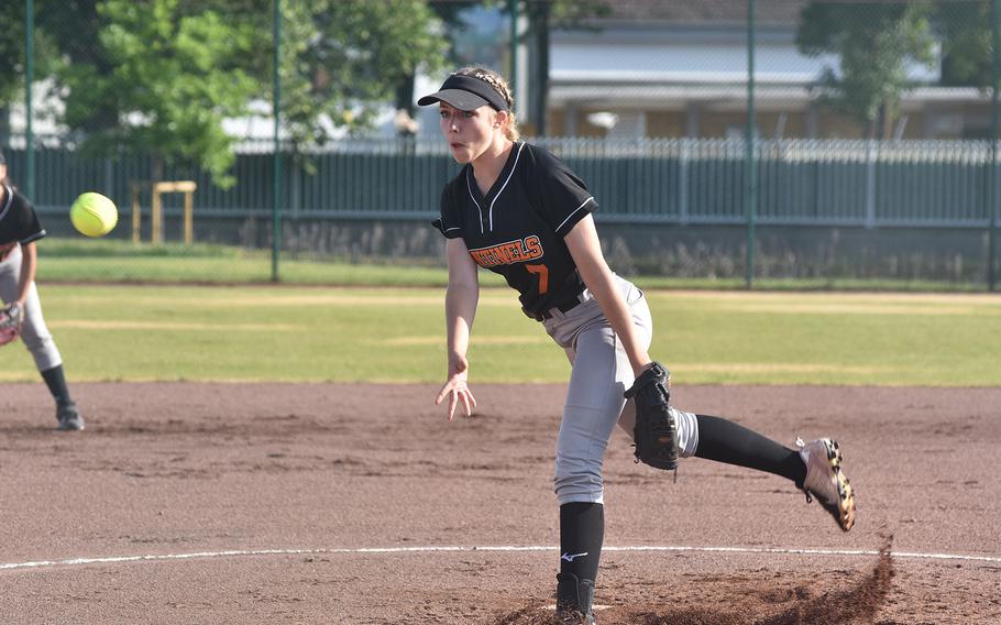 Spangdahlem's Audrey Hauck delivers against Sigonella on Saturday, May 21, 2022, at the DODEA-Europe Division II/III softball championships in Kaiserslautern, Germany.