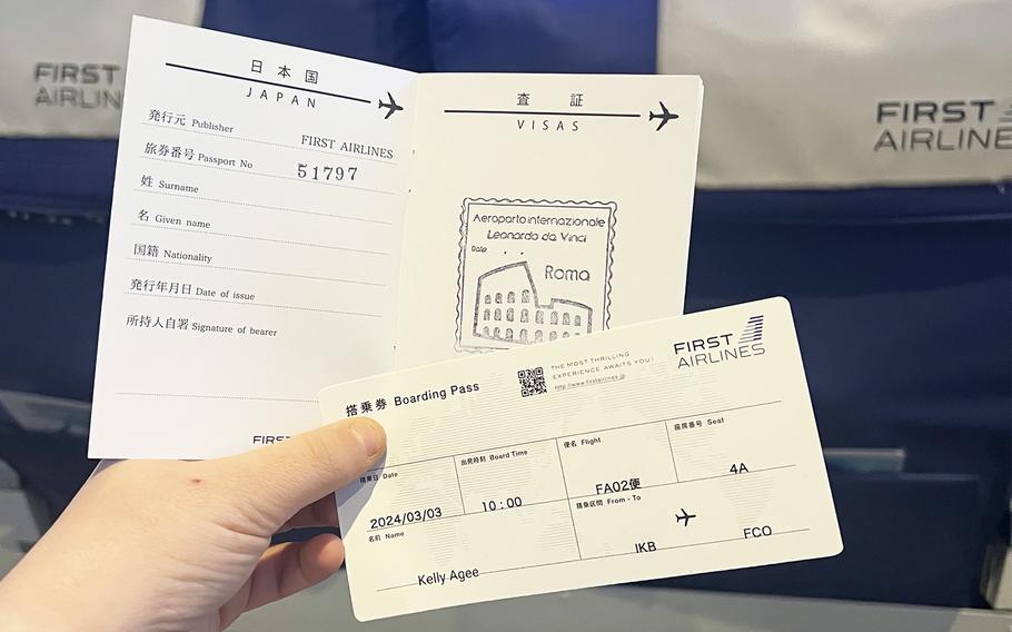 The dining experience at First Airlines in Tokyo includes a boarding pass and a stamp in your fake Japanese passport.