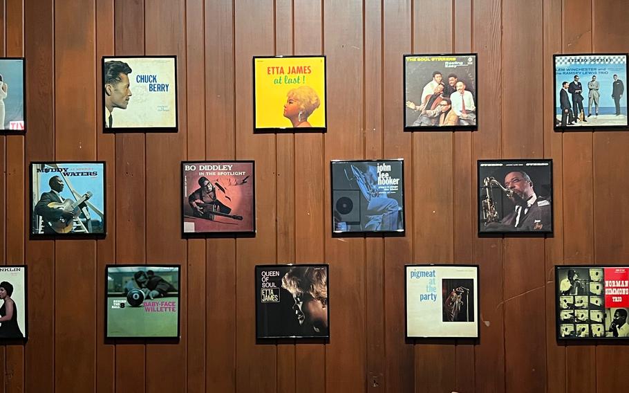 Framed album covers appear on the wall at Chess Records in Chicago on Feb. 27, 2022. Some of the biggest names in blues recorded hits in Chess’ recording studio, including, Muddy Waters, Chuck Berry’ and Bo Diddley. 