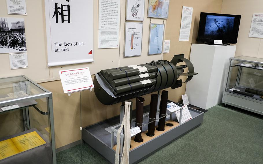 Models of and real remnants of the incendiary bombs used in the Great Tokyo Air Raid are displayed at the Center of the Tokyo Raids and War Damage in Tokyo, April 22, 2025.