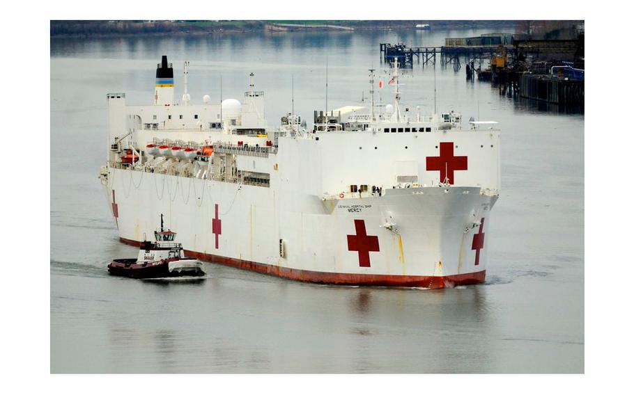 A photo of the USNS Mercy traveling up the Willamette River in 2015 for repairs at Swan’s Island Vigor Industrial in Portland, Oregon.
