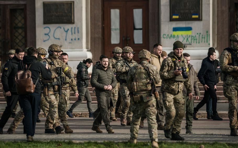 Ukraine President Volodymyr Zelenskyy visits the liberated city of Kherson on Nov. 14, 2022.