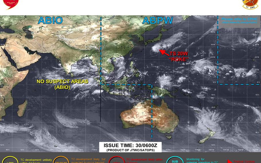 UPDATE 5: Roke downgraded to tropical storm, forecast to buzz well southeast of Yokosuka packing gale-force winds.