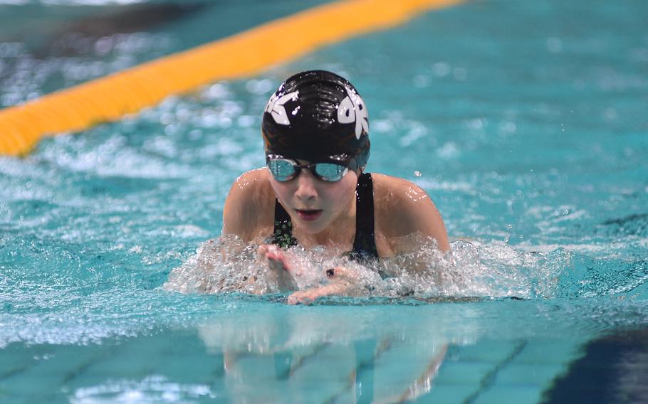 Benthe de Beer of Geilenkirchen swims in the 9-year-old girls 50-meter breaststroke on Saturday during the European Forces Swim League Short Distance Championships at the Pieter van den Hoogenband Zwemstadion at the Zwemcentrum de Tongelreep.