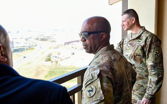 Gen. Ronald Clark, commander of U.S. Army Pacific, center, visits Camp Humphreys, South Korea, April 10, 2025.