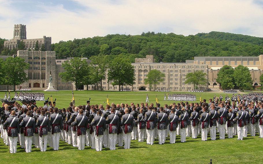 A ceremonial parade at the U.S. Military Academy at West Point. According to reports on Friday, March 11, 2022, six college students who overdosed on fentanyl-laced cocaine while on spring break in Florida were football players at West Point.