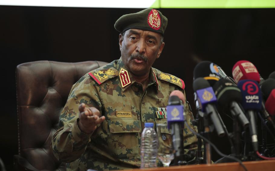 FILE - Sudan’s head of the military, Gen. Abdel-Fattah Burhan, speaks during a press conference at the General Command of the Armed Forces in Khartoum, Sudan, Tuesday, Oct. 26, 2021. The U.N.’s top human rights body is holding an urgent session about Sudan on Friday, Nov. 5, 2021, after a military coup there nearly two weeks ago, with Britain, the United States, Germany and Norway leading a push to commission an expert to monitor the situation. The push for a human rights expert comes amid mounting pressure on Gen. Abdel-Fattah Burhan, and the forces loyal to him who dissolved Sudan’s transitional government and detained other government officials and political leaders in the Oct. 25 coup. 