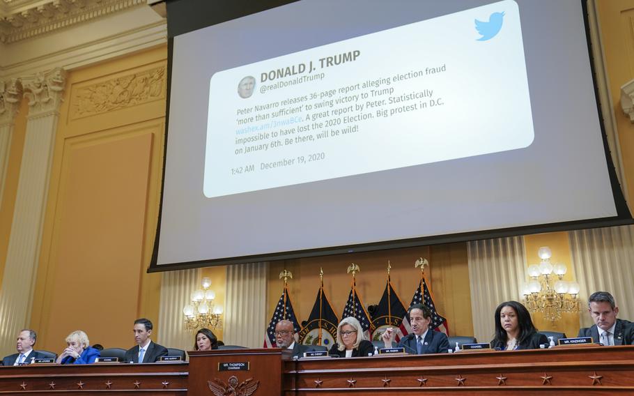 A tweet by Donald Trump encouraged people to come to D.C. and protest on Jan. 6, 2021. It was shown on-screen as the House select committee held its seventh public hearing Tuesday. 