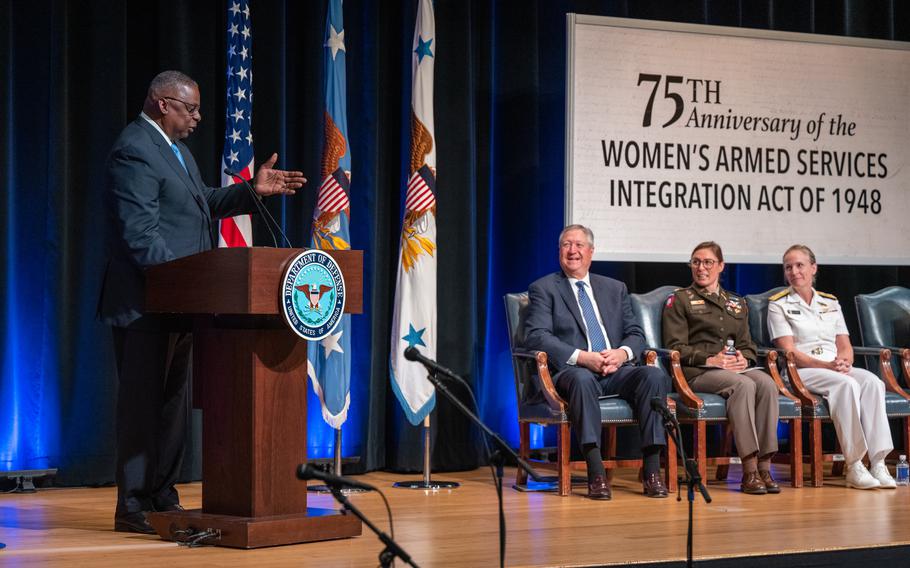 Secretary of Defense Lloyd J. Austin III and Deputy Secretary of Defense Kathleen Hicks host a ceremony commemorating the 75th anniversary of the Women’s Armed Services Integration Act of 1948 at the Pentagon, Washington, D.C., June 12, 2023.