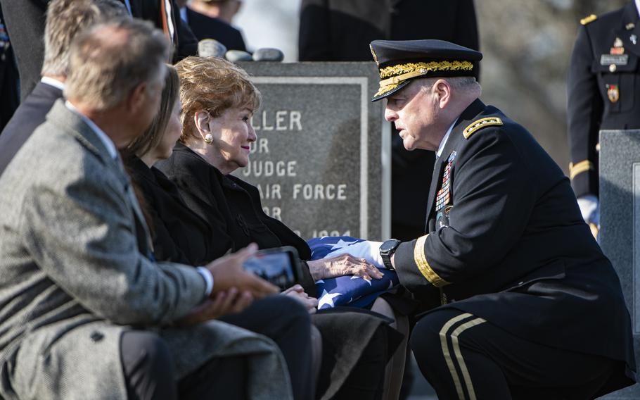 Gen. Mark Milley, Chairman of the Joint Chiefs of Staff, presented the U.S. flag for the service to Dole’s spouse, former Sen. Elizabeth Dole.