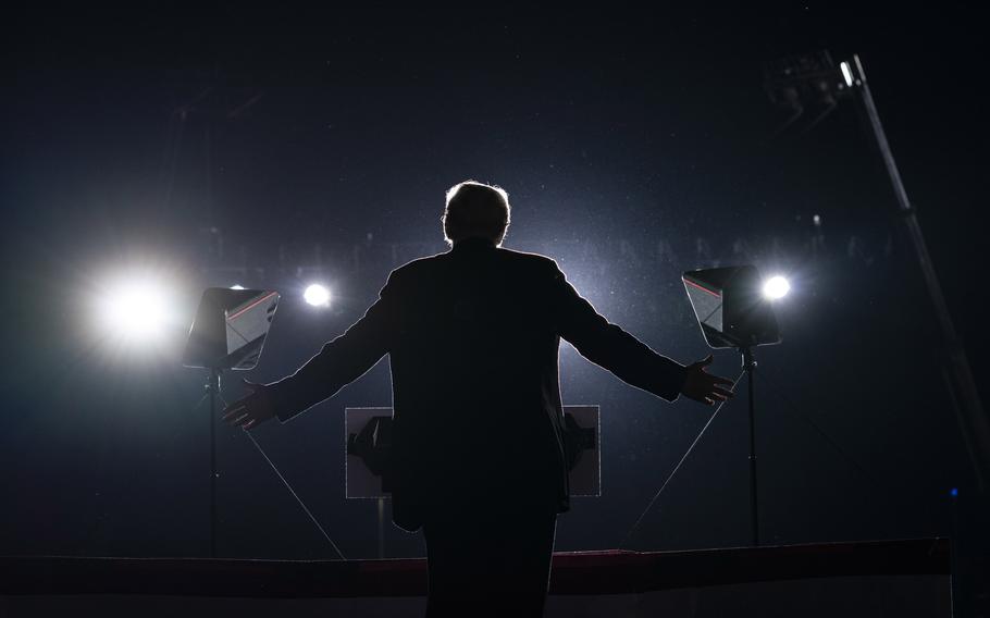 Former President Donald Trump speaks during a rally in Des Moines, Iowa, on Oct. 9, 2021. 