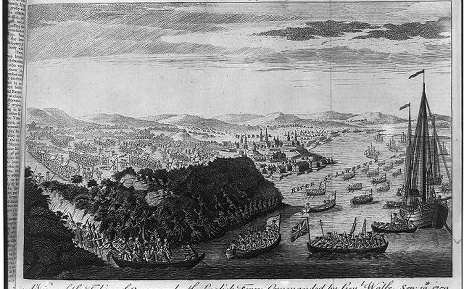 A black and white image of soldiers on ships and coming onto land.