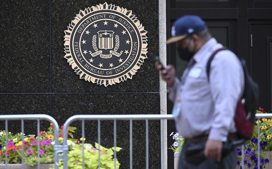 The seal of the Federal Bureau of Investigation is seen outside of its headquarters on Aug. 15, 2022, in Washington, D.C. The agency considers sovereign citizens an anti-government extremist movement.