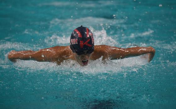 Kaiserslautern swimmer Tyler Peng competes during the Boys 15-16-year old 100-meter butterfly during the European Forces Swim League championships in Eindhoven, Netherlands, Saturday, Feb. 29, 2020.