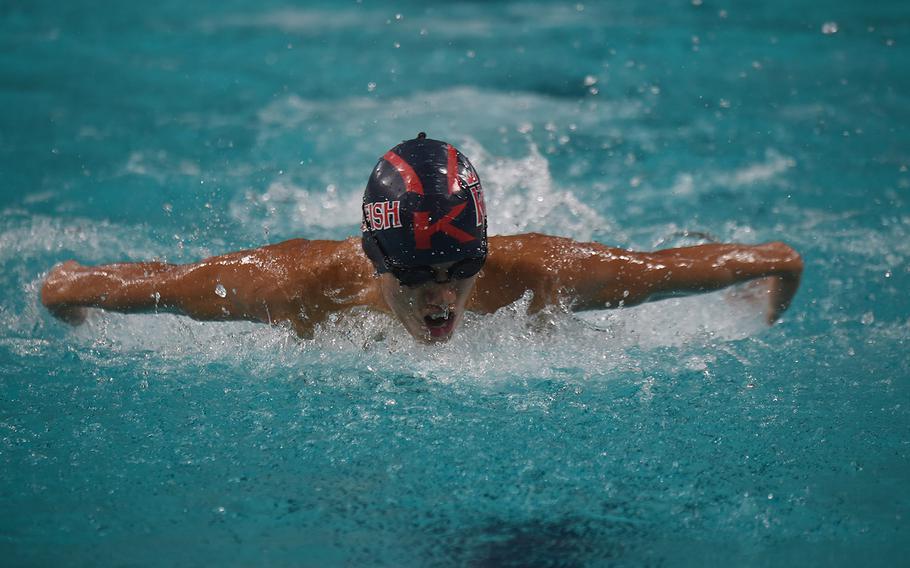 Kaiserslautern swimmer Tyler Peng competes during the boys’ 15- to 16-year-old 100-meter butterfly during the European Forces Swim League Short Distance Championships in Eindhoven, Netherlands, Saturday, Feb. 29, 2020.