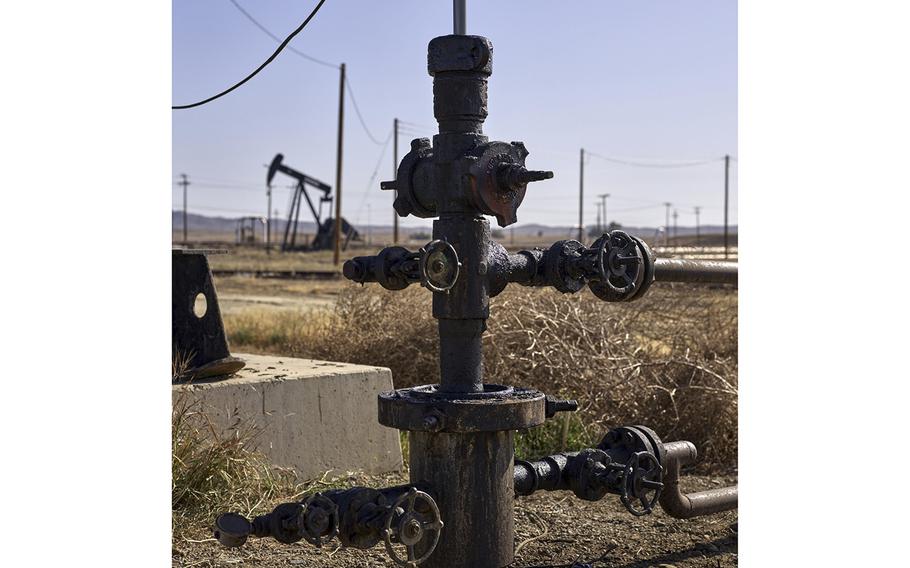 An oil well valve at the Coalinga Oil Field in Coalinga, California, on April 29, 2022.