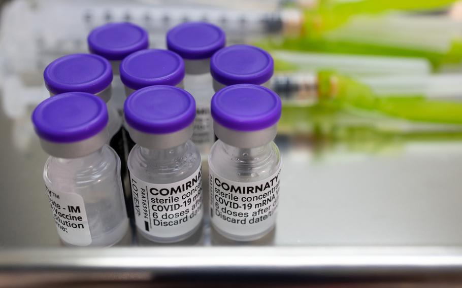 Vials of the Pfizer-BioNTech Covid-19 vaccine and syringes at a vaccination site inside the Incheon Samsan World Gymnasium in Incheon, South Korea, on June 8, 2021. 