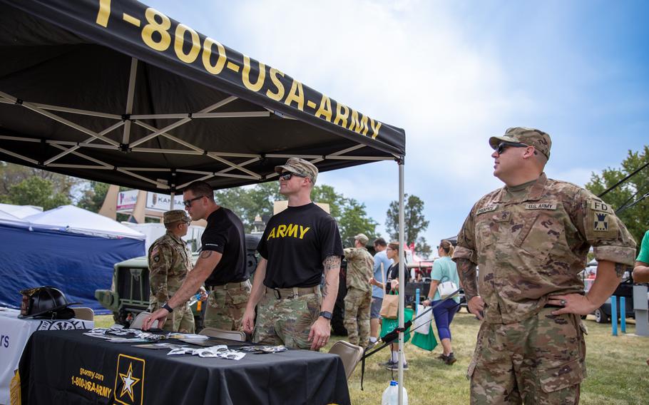 Army soldiers with the Wichita Recruiting Company hosted a recruitment booth at Hutchinson, Kan., on Sept. 9, 2023. The soldiers hosted the booth at the Kansas State Fairgrounds to interact with the public and inform about enlistment opportunities and benefits. 