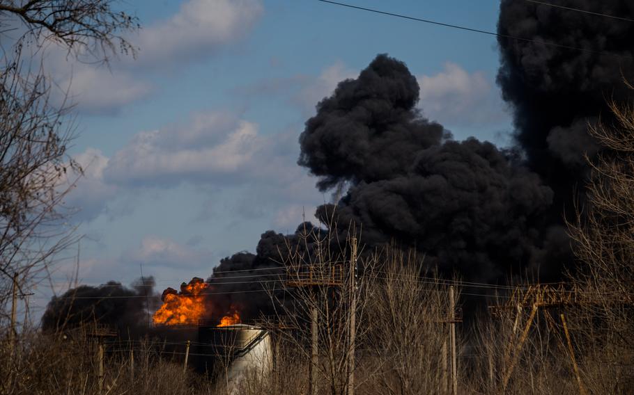 Smoke billows into the sky over Novomoskovsk, south of Kharkiv, coming from an oil depot that was bombed early Wednesday. 