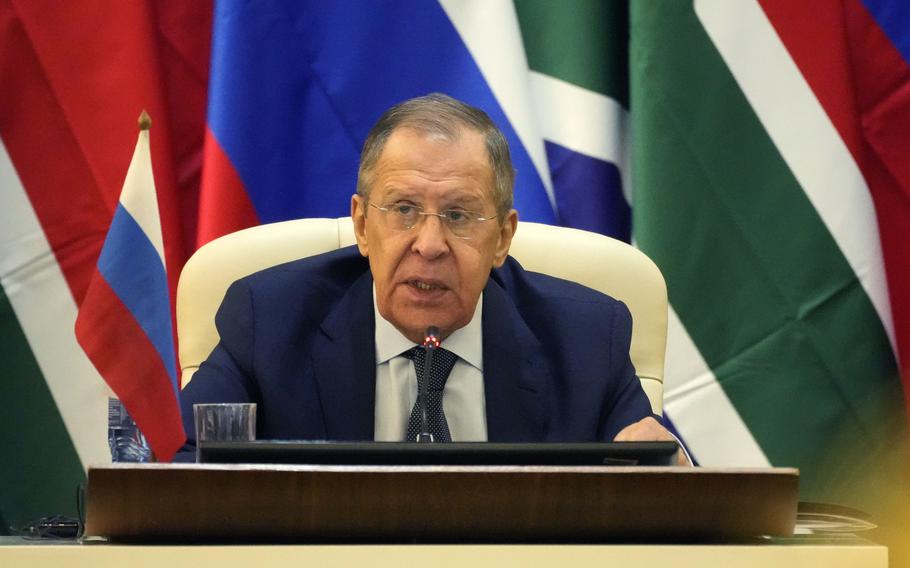 Russia's Foreign Minister Sergey Lavrov speaks during the opining remarks of his meeting with his South Africa's counterpart Naledi Pandor in Pretoria, South Africa, Monday, Jan. 23, 2023. 
