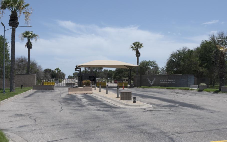 The north gate stands empty, awaiting the change over on Laughlin Air Force Base, July 15, 2021. After years of legal battles, a judge found that the Air Force, when it withdrew an offer in 2014 for a historian job at Laughlin Air Force Base, had discriminated against Dave Bighia. Weeks after the deadline, Bighia has yet to see a dime or receive a job offer. 