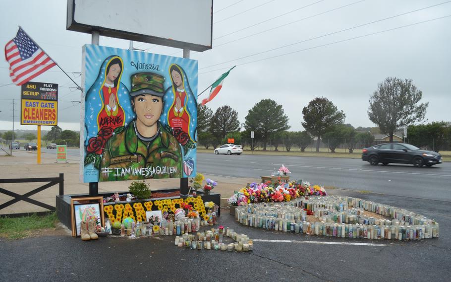 A mural of Army Spc. Vanessa Guillen outside the Vanessa Gate at Fort Cavazos in Killeen, Texas, in October 2020.