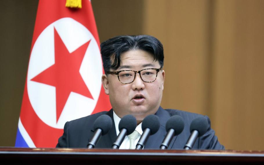 North Korean leader Kim Jong Un speaks during the Supreme People's Assembly in Pyongyang, Monday, Jan. 15, 2024.