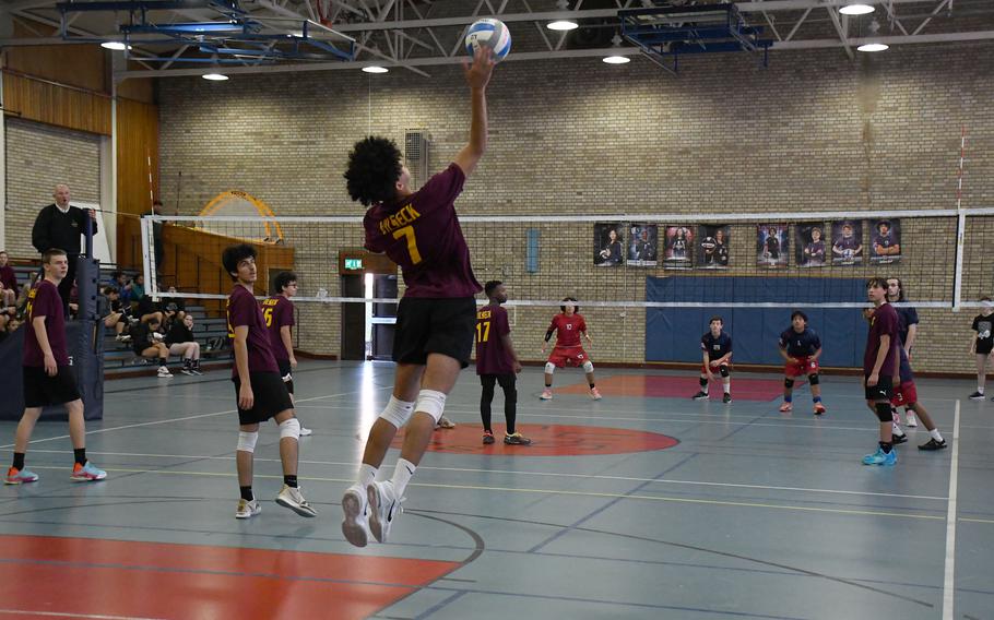 Vilseck’s Malachi Inniger serves the ball against the Lakenheath Lancers on Saturday.