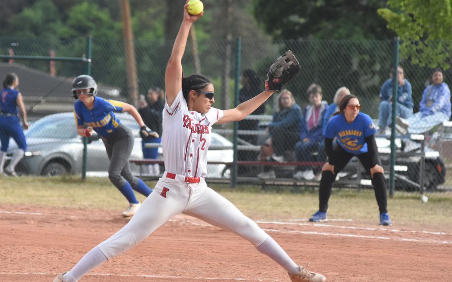 Kaiserslautern's Amanda Garcia goes through her delivery Thursday, May 22, 2025, at the DODEA-Europe Division I softball championships at Ramstein Air Base, Germany.