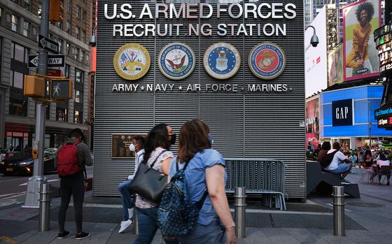 A military recruitment center stands in Times Square in Manhattan on Sept. 4, 2020, in New York City. (Spencer Platt/Getty Images/TNS)