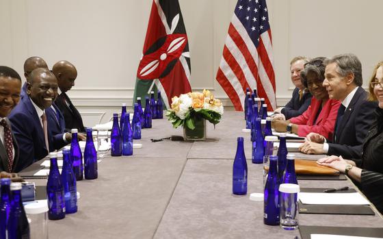 Secretary of State Antony Blinken, right, meets with Kenya's President William Ruto, second left, Thursday, Sept. 21, 2023, in New York. (AP Photo/Jason DeCrow, Pool)