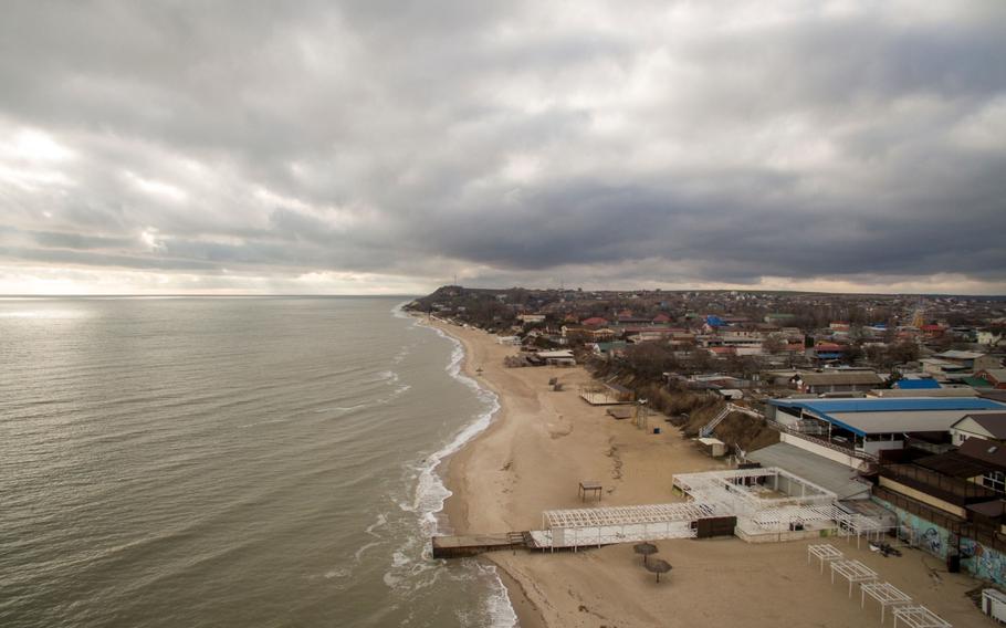 The Sea of Azov shoreline at a beach in Urzuf, Ukraine, on Jan. 18. 