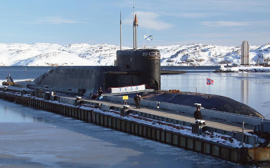 The Russian submarine Tula, docked at a pier of a Northern Fleet naval base. Russia’s new maritime strategy puts heavy emphasis on the Arctic. 