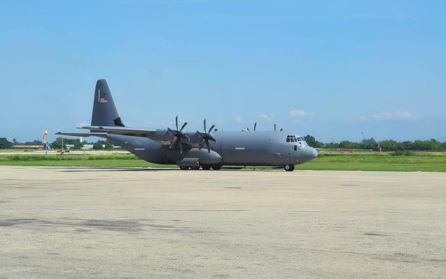 A U.S. Air Force C-130 Hercules aircraft sits on the tarmac at Toussaint Louverture International Airport in Port-au-Prince, Haiti, on Tuesday, April 23, 2024. The aircraft flew into Toussaint Louverture International Airport for the planned rotation of support and security augmentation personnel for the U.S. Embassy in Port-au-Prince. In support of the Department of State, U.S. Southern Command coordinated the airlift mission. 