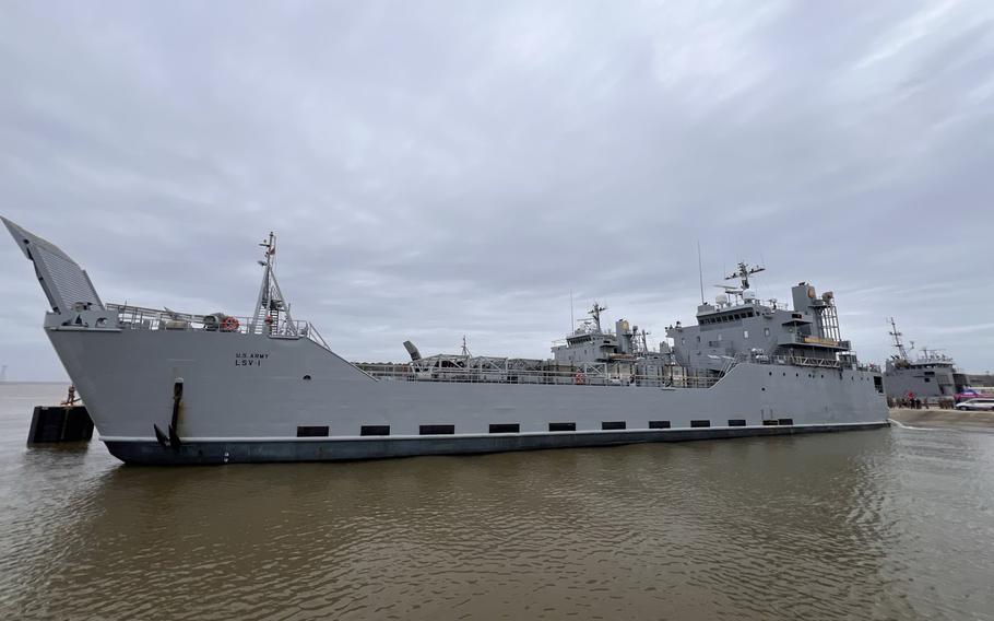 U.S. Army Vessel General Frank S. Besson from the 7th Transportation Brigade, 3rd Expeditionary Sustainment Command, XVIII Airborne Corps, departs Saturday, March 9, 2024, from Joint Base Langley-Eustis, Va., en route to the Eastern Mediterranean to provide humanitarian assistance to Gaza by sea. Besson, a logistics support vessel, is carrying the first equipment to establish a temporary pier to deliver vital humanitarian supplies.