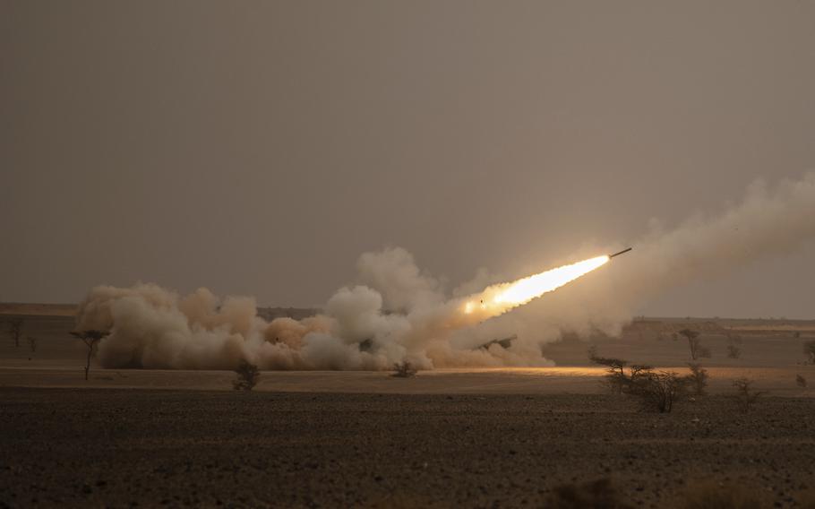 A launch truck fires the High Mobility Artillery Rocket System (HIMARS) at its intended target during the African Lion military exercise in Grier Labouihi complex, southern Morocco, on June 9, 2021. The U.S. has shipped 16 HIMARS, and Ukraine has used them to “take the fight to the Russians inside their country,” National Security Council spokesman John Kirby said.