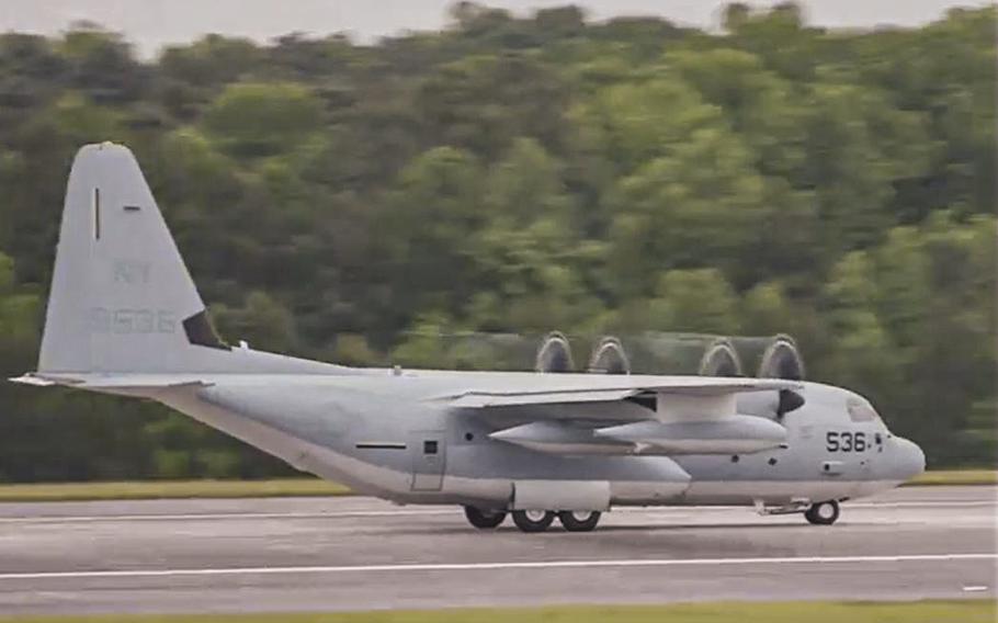 A video screen grab show a KC-130J refueling aircraft just prior to takeoff.