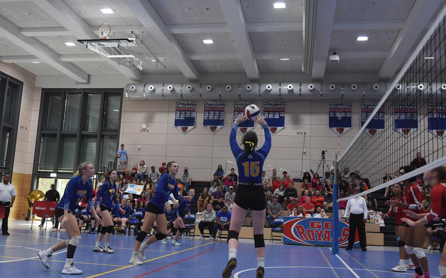 Wiesbaden’s Maria Pidgeon goes up for the ball during the DODEA-Europe Division I girls’ volleyball championship on Saturday, Oct. 29, 2022, at Ramstein High School in Germany. Wiesbaden won the match in four sets.