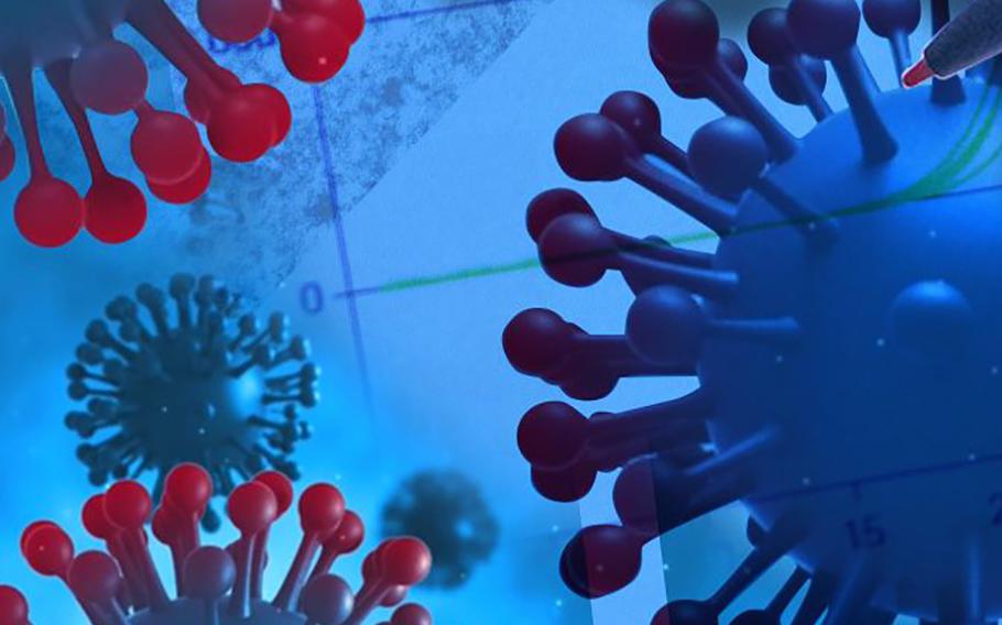 An illustration depicts coronavirus molecules. 