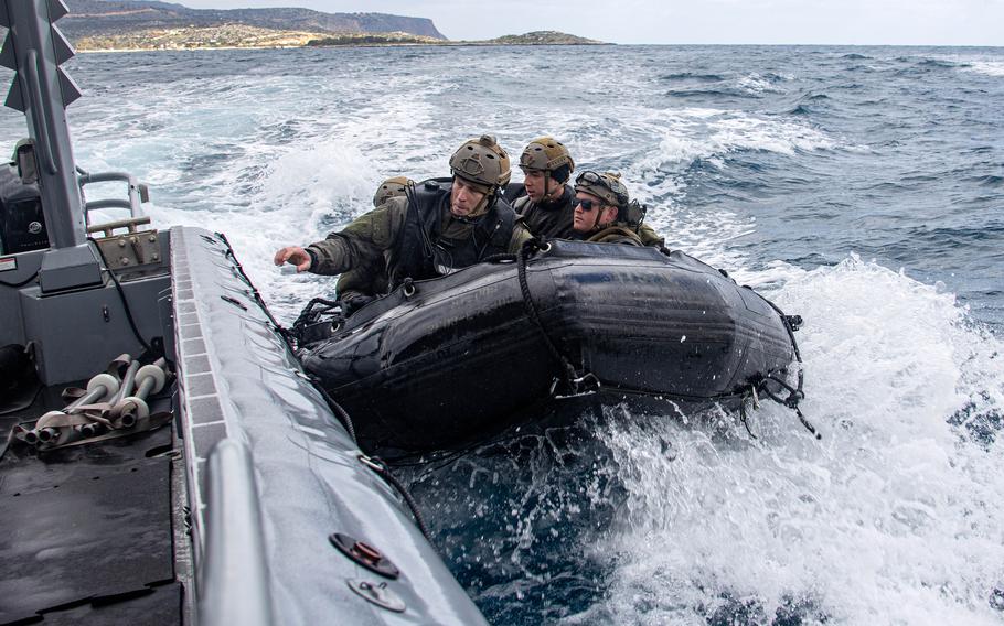 U.S. Marines assigned to Task Group 61/2 conduct casualty evacuation and snatch-and-tow drills with the U.S. Coast Guard team in Souda Bay, Greece, March 15, 2022. Task Force 61/2 will temporarily provide command-and-control support to U.S. 6th Fleet.