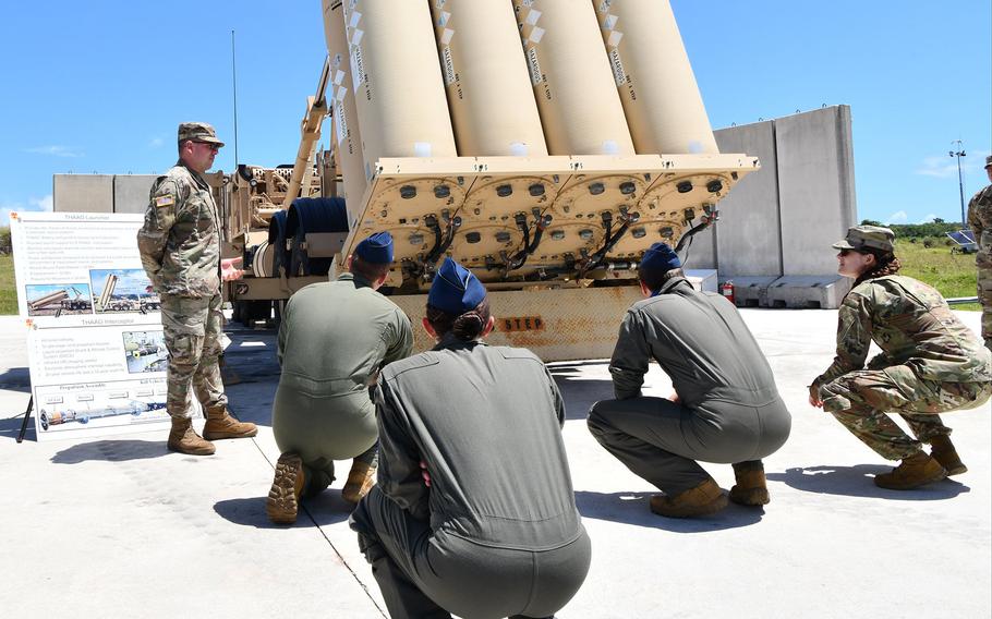U.S. Army Spc. Wesley Domalewski, a THAAD launcher operator, briefs deployed airmen on the anti-ballistic missile defense system at Andersen Air Force Base, Guam, May 12, 2021. 
