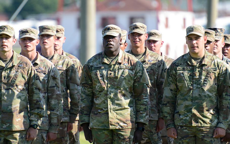 
Soldiers stand at attention during a ceremony marking their graduation from the Army’s Basic Airborne Course at Fort Benning, Ga. on Friday, May 21, 2021. It marked the first airborne school graduation open to family and loved ones since the beginning of the coronavirus pandemic. 