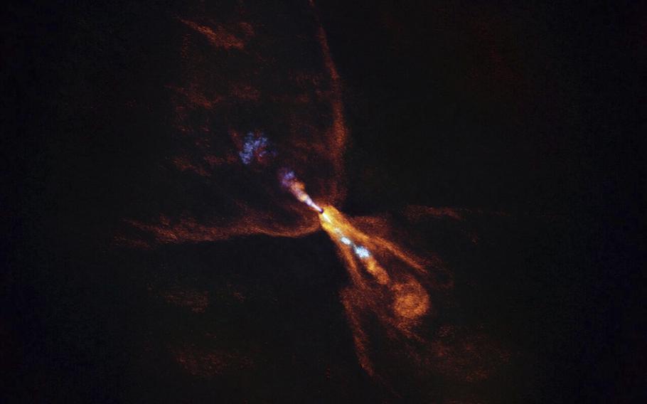 Colorful streams of matter in outer space.