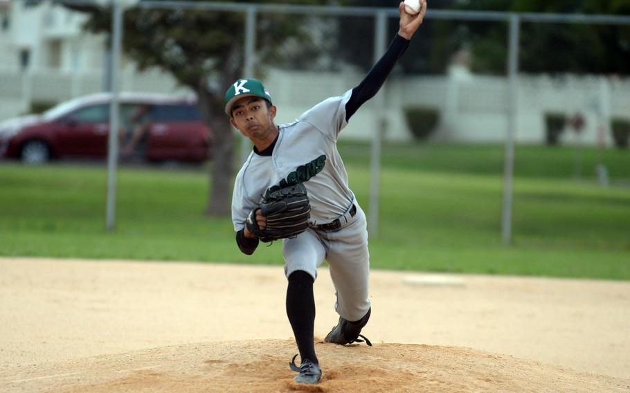 Kubasaki left-hander Luka Koja delivers against Kadena during Monday's DODEA-Okinawa baseball game. The Dragons won 10-2.