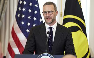 FILE - U.S. presidential envoy for hostage affairs Adam Boehler speaks during a ceremony to raise the Hostage and Wrongful Detainee flag at the State Department, March 6, 2025, in Washington. (AP Photo/Evan Vucci, File)