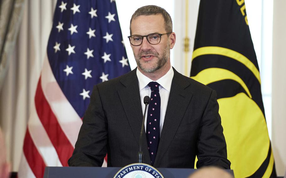 U.S. presidential envoy for hostage affairs Adam Boehler speaks during a ceremony
