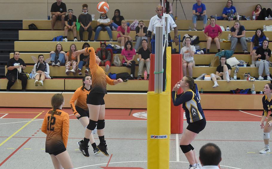 Spangdahlem’s Clara Loomis throws down a spike in a semifinal match on Friday, Oct. 28, 2022.