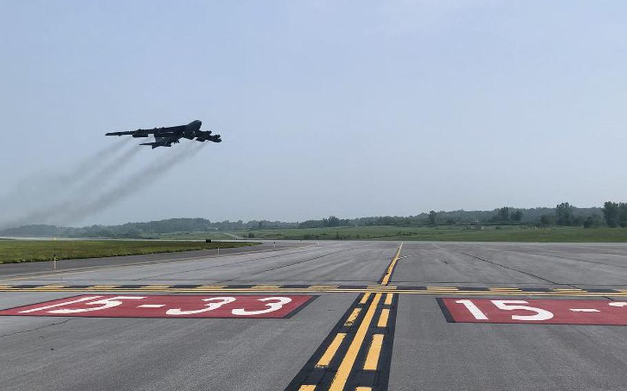 A B-52 Stratofortress from the 343rd Bomb Squadron at Barksdale Air Force Base in Louisiana takes off from Griffiss International Airport in Rome, New York, on Friday, June 30, 2023. 