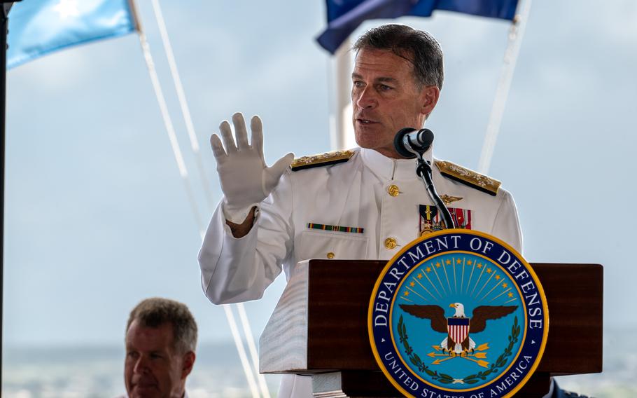 Adm. John Aquilino, commander of U.S. Indo-Pacific Command, delivers welcoming remarks during the change of command ceremony on Joint Base Pearl Harbor Hickam, May 3. During the ceremony, Adm. Samuel Paparo assumed command from Aquilino, who retired with 40 years of service in the Navy.